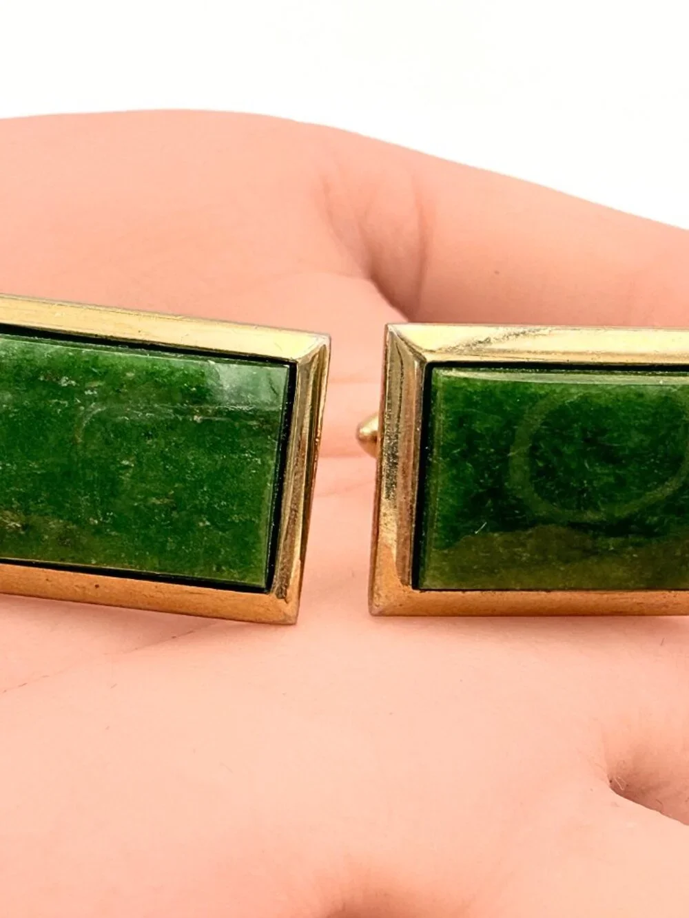 Handsome Hallmarked MCM Gold Plated Nephrite Jade Minimalist Cufflinks